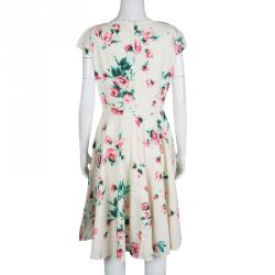 Pre Owned Max Mara Studio Cream Floral Printed Cotton Cap Sleeve Midi Dress L