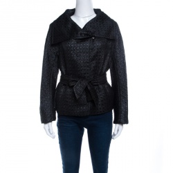 Max Mara Black Embossed Jacquard Houndstooth Pattern Belted Jacket L