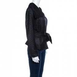 Max Mara Black Embossed Jacquard Houndstooth Pattern Belted Jacket L