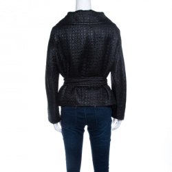 Max Mara Black Embossed Jacquard Houndstooth Pattern Belted Jacket L