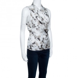 Pre Owned Max Mara White Printed Silk and Jersey Sleeveless Wrap Top M 