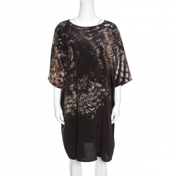 Pre Owned Max Mara Black Owl Printed Silk Oversized Bianca Dress L
