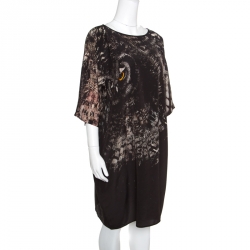 Pre Owned Max Mara Black Owl Printed Silk Oversized Bianca Dress L