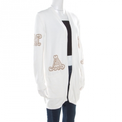 Pre Owned Max Mara White Cotton Knit Jacquard Monogram Detail Prince Cardigan M