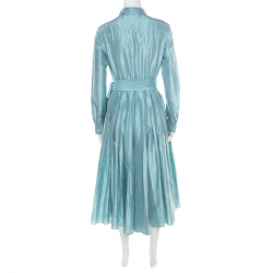 Pre Owned Max Mara Aqua Blue Raw Silk Belted Midi Shirt Dress S