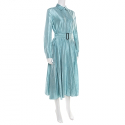 Pre Owned Max Mara Aqua Blue Raw Silk Belted Midi Shirt Dress S