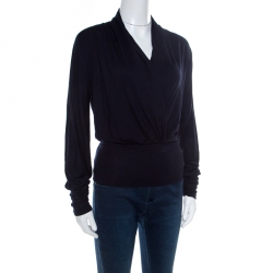 Pre Owned Max Mara Navy Blue Ruched Detail Draped Long Sleeve Blouse S