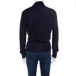 Pre Owned Max Mara Navy Blue Ruched Detail Draped Long Sleeve Blouse S