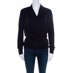 Pre Owned Max Mara Navy Blue Ruched Detail Draped Long Sleeve Blouse S