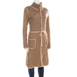 Max Mara Brown Checkered Wool and Cashmere Knit Belted Long Cardigan M