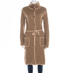 Max Mara Brown Checkered Wool and Cashmere Knit Belted Long Cardigan M