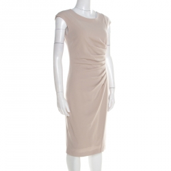 Pre Owned Max Mara Natural Beige Stretch Wool Sleeveless Ruched Canter Dress S