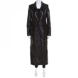 Pre Owned Max Mara Mid Black Crinkled Faux Patent Leather Plaid Lined Overcoat S
