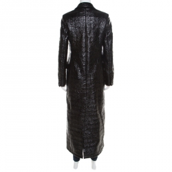 Pre Owned Max Mara Mid Black Crinkled Faux Patent Leather Plaid Lined Overcoat S