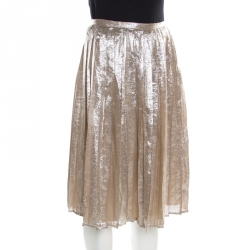 Pre Owned Max Mara Champagne Silver Pleated Silk and Lurex Faro Midi Skirt M