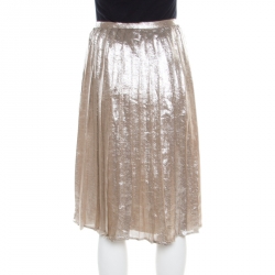 Pre Owned Max Mara Champagne Silver Pleated Silk and Lurex Faro Midi Skirt M
