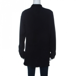 Pre Owned Max Mara Navy Blue Crepe Tie-Neck Detail Front Button Shirt L 