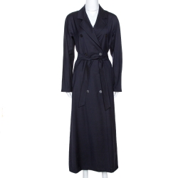 Pre Owned Max Mara Navy Blue Virgin Wool Belted Long Coat M
