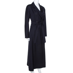 Pre Owned Max Mara Navy Blue Virgin Wool Belted Long Coat M