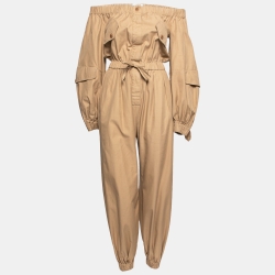 Pre Owned Max Mara Beige Cotton Off-Shoulder Drawstring Waist Jumpsuit S