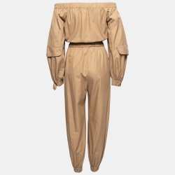 Pre Owned Max Mara Beige Cotton Off-Shoulder Drawstring Waist Jumpsuit S