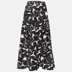 Max Mara Black/White Floral Print Cotton Flared Maxi Skirt XS