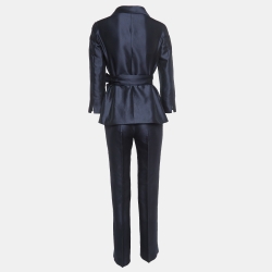 Pre Owned Max Mara Navy Blue Cotton Blend Wrap Shirt and Trousers Set S