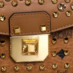 Pre Owned MCM Brown Visetos Coated Canvas and Leather Swarovski Top Handle Bag