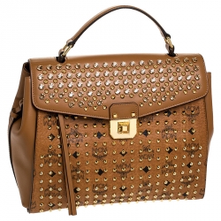 Pre Owned MCM Brown Visetos Coated Canvas and Leather Swarovski Top Handle Bag