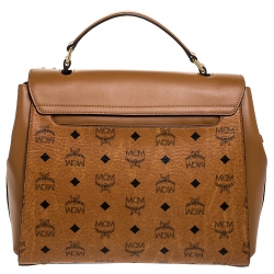 Pre Owned MCM Brown Visetos Coated Canvas and Leather Swarovski Top Handle Bag