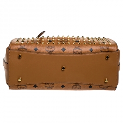 Pre Owned MCM Brown Visetos Coated Canvas and Leather Swarovski Top Handle Bag