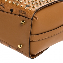 Pre Owned MCM Brown Visetos Coated Canvas and Leather Swarovski Top Handle Bag