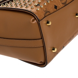 Pre Owned MCM Brown Visetos Coated Canvas and Leather Swarovski Top Handle Bag