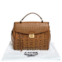 Pre Owned MCM Brown Visetos Coated Canvas and Leather Swarovski Top Handle Bag