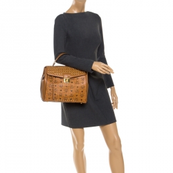 Pre Owned MCM Brown Visetos Coated Canvas and Leather Swarovski Top Handle Bag