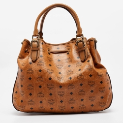 Pre Owned MCM Cognac Visetos Coated Canvas and Leather Drawstring Bag