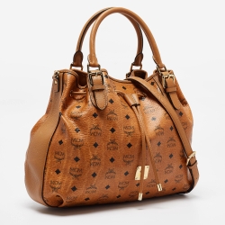 Pre Owned MCM Cognac Visetos Coated Canvas and Leather Drawstring Bag