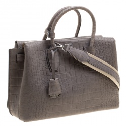 MCM Grey Croc Embossed Leather Medium Milla Satchel
