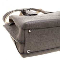 MCM Grey Croc Embossed Leather Medium Milla Satchel