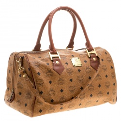 MCM Cognac Visetos Coated Canvas Heritage Boston Bag