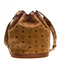 MCM Cognac Visetos Coated Canvas Bucket Bag