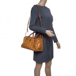 MCM Cognac Visetos Coated Canvas Small Heritage Boston Bag