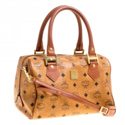MCM Cognac Visetos Coated Canvas Small Heritage Boston Bag