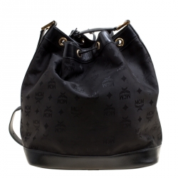 MCM Black Nylon Drawstring Bucket Bag