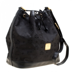 MCM Black Nylon Drawstring Bucket Bag