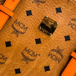 MCM Cognac/Orange Coated Canvas and Leather Double Zip Top Handle Bag