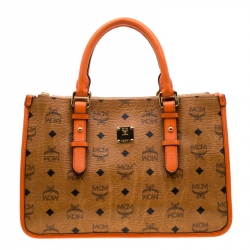 MCM Cognac/Orange Coated Canvas and Leather Double Zip Top Handle Bag
