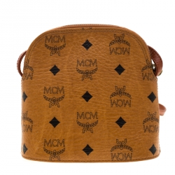 Pre Owned MCM Cognac Visetos Leather Zip Crossbody Bag