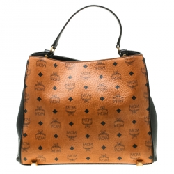 Pre Owned MCM Black/Cognac Visetos Coated Canvas and Leather Corina Tote