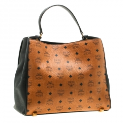 Pre Owned MCM Black/Cognac Visetos Coated Canvas and Leather Corina Tote